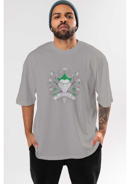 Joker (2) Ön Baskılı Gri Oversize T-Shirt Bisiklet Yaka Pamuk Erkek Kadın