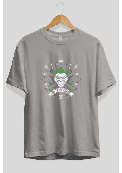 Joker (2) Ön Baskılı Gri Oversize T-Shirt Bisiklet Yaka Pamuk Erkek Kadın fiyatları