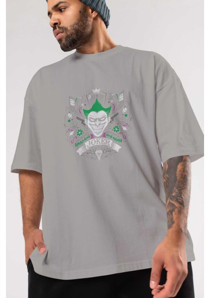 Joker (2) Ön Baskılı Gri Oversize T-Shirt Bisiklet Yaka Pamuk Erkek Kadın modelleri