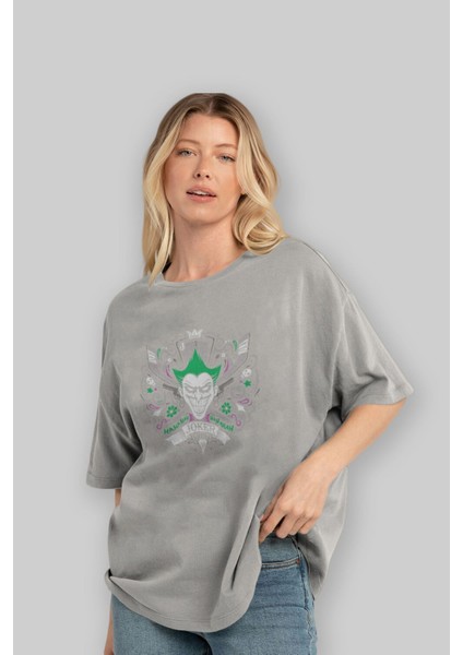 Joker (2) Ön Baskılı Gri Oversize T-Shirt Bisiklet Yaka Pamuk Erkek Kadın fırsatları