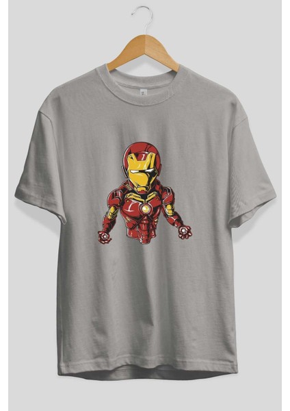 Iron Man Ön Baskılı Gri Oversize T-Shirt Bisiklet Yaka Pamuk Erkek Kadın