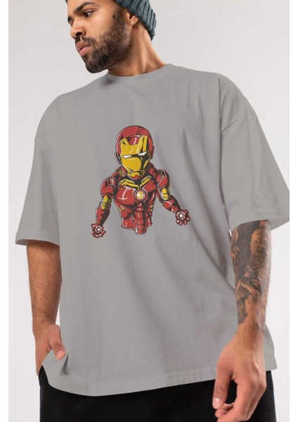 Iron Man Ön Baskılı Gri Oversize T-Shirt Bisiklet Yaka Pamuk Erkek Kadın