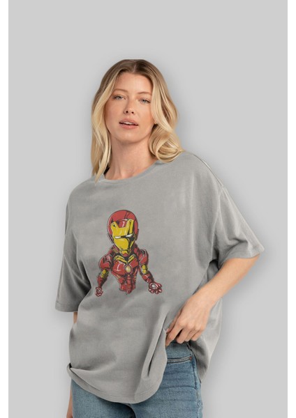 Iron Man Ön Baskılı Gri Oversize T-Shirt Bisiklet Yaka Pamuk Erkek Kadın