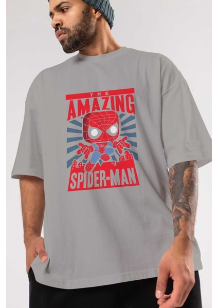 Spiderman (20) Ön Baskılı Gri Oversize T-Shirt Bisiklet Yaka Pamuk Erkek Kadın modelleri