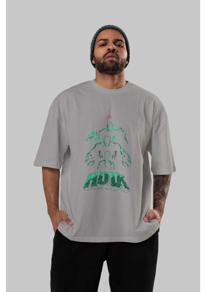 Hulk (11) Ön Baskılı Gri Oversize T-Shirt Bisiklet Yaka Pamuk Erkek Kadın indirimleri