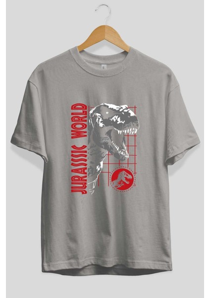 Jurassic Park (2) Ön Baskılı Gri Oversize T-Shirt Bisiklet Yaka Pamuk Erkek Kadın fiyatları