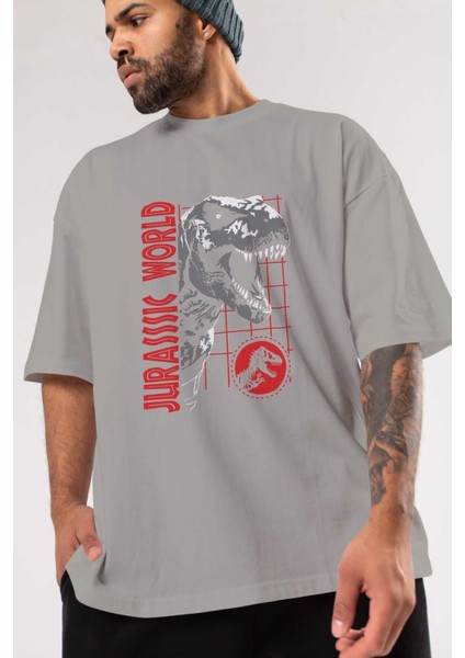 Jurassic Park (2) Ön Baskılı Gri Oversize T-Shirt Bisiklet Yaka Pamuk Erkek Kadın modelleri