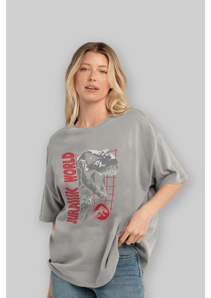 Jurassic Park (2) Ön Baskılı Gri Oversize T-Shirt Bisiklet Yaka Pamuk Erkek Kadın fırsatları