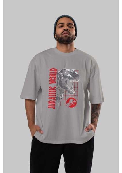 Jurassic Park (2) Ön Baskılı Gri Oversize T-Shirt Bisiklet Yaka Pamuk Erkek Kadın indirimleri
