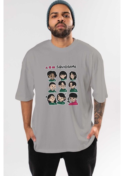 Squid Game (3) Ön Baskılı Gri Oversize T-Shirt Bisiklet Yaka Pamuk Erkek Kadın