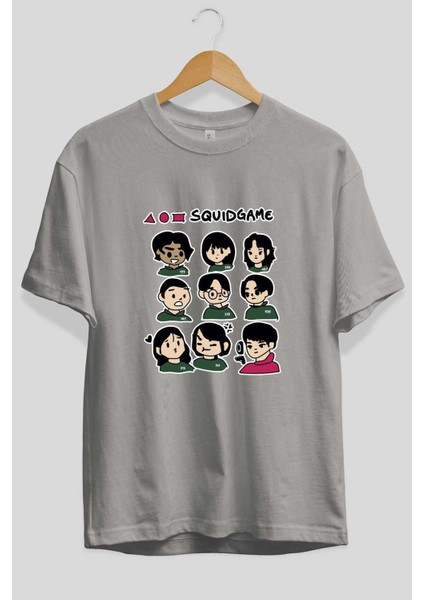 Squid Game (3) Ön Baskılı Gri Oversize T-Shirt Bisiklet Yaka Pamuk Erkek Kadın fiyatları