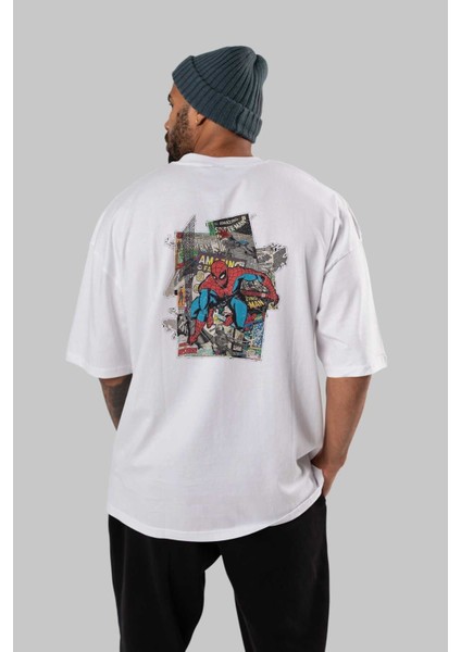 Spiderman Arka Baskılı Beyaz Oversize T-Shirt Bisiklet Yaka Pamuk Erkek Kadın fırsatları