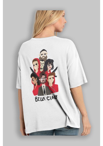 La Casa De Papel (13) Arka Baskılı Beyaz Oversize T-Shirt Bisiklet Yaka Pamuk Erkek Kadın modelleri