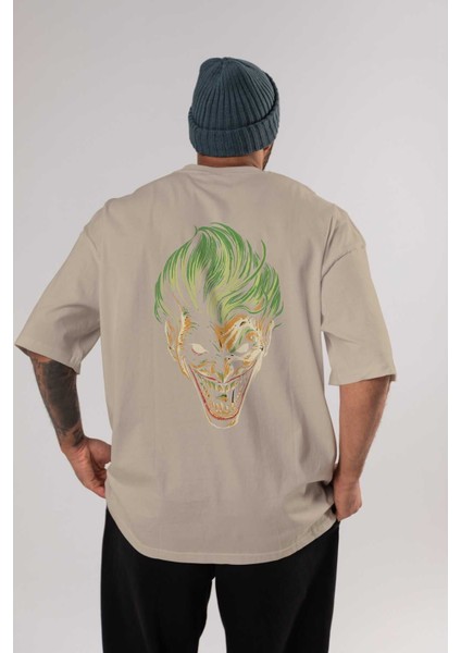 Joker (3) Arka Baskılı Bej Oversize T-Shirt Bisiklet Yaka Pamuk Erkek Kadın