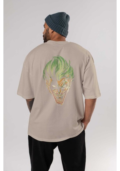 Joker (3) Arka Baskılı Bej Oversize T-Shirt Bisiklet Yaka Pamuk Erkek Kadın fırsatları
