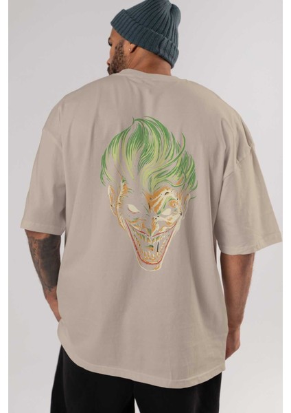 Joker (3) Arka Baskılı Bej Oversize T-Shirt Bisiklet Yaka Pamuk Erkek Kadın indirimleri
