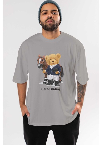 Teddy Bear Horse Riding Ön Baskılı Gri Oversize T-Shirt Unisex Erkek Kadın Bisiklet Yaka