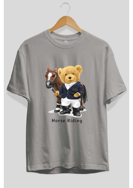 Teddy Bear Horse Riding Ön Baskılı Gri Oversize T-Shirt Unisex Erkek Kadın Bisiklet Yaka fiyatları