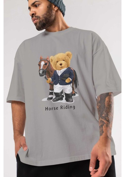 Teddy Bear Horse Riding Ön Baskılı Gri Oversize T-Shirt Unisex Erkek Kadın Bisiklet Yaka modelleri