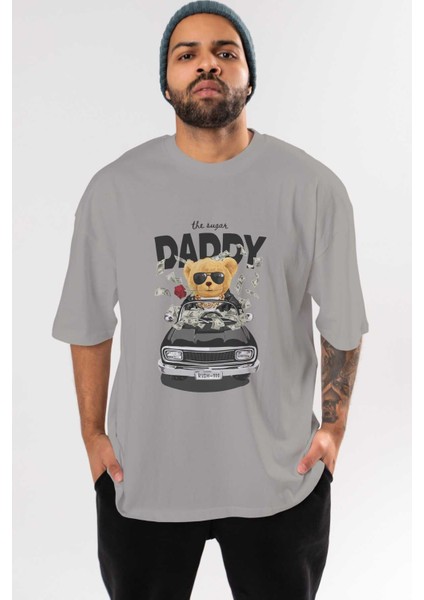 Teddy Bear Daddy Ön Baskılı Gri Oversize T-Shirt Unisex Erkek Kadın Bisiklet Yaka