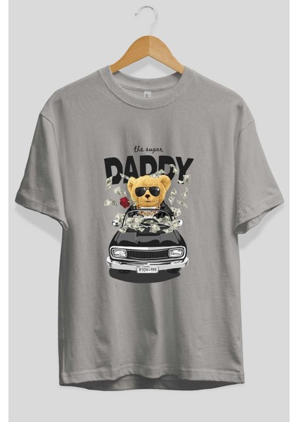 Teddy Bear Daddy Ön Baskılı Gri Oversize T-Shirt Unisex Erkek Kadın Bisiklet Yaka fiyatları