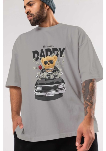 Teddy Bear Daddy Ön Baskılı Gri Oversize T-Shirt Unisex Erkek Kadın Bisiklet Yaka modelleri