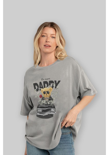 Teddy Bear Daddy Ön Baskılı Gri Oversize T-Shirt Unisex Erkek Kadın Bisiklet Yaka fırsatları