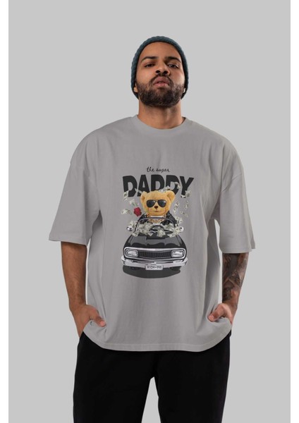 Teddy Bear Daddy Ön Baskılı Gri Oversize T-Shirt Unisex Erkek Kadın Bisiklet Yaka indirimleri