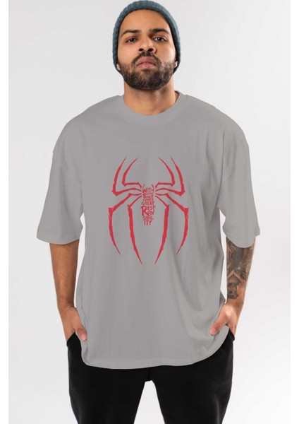 Spiderman (1) Ön Baskılı Gri Oversize T-Shirt Bisiklet Yaka Pamuk Erkek Kadın
