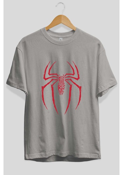 Spiderman (1) Ön Baskılı Gri Oversize T-Shirt Bisiklet Yaka Pamuk Erkek Kadın fiyatları
