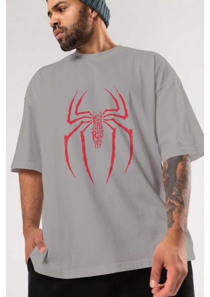Spiderman (1) Ön Baskılı Gri Oversize T-Shirt Bisiklet Yaka Pamuk Erkek Kadın modelleri