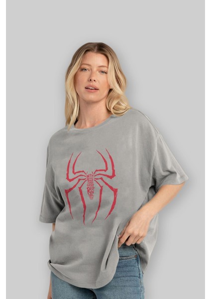 Spiderman (1) Ön Baskılı Gri Oversize T-Shirt Bisiklet Yaka Pamuk Erkek Kadın fırsatları