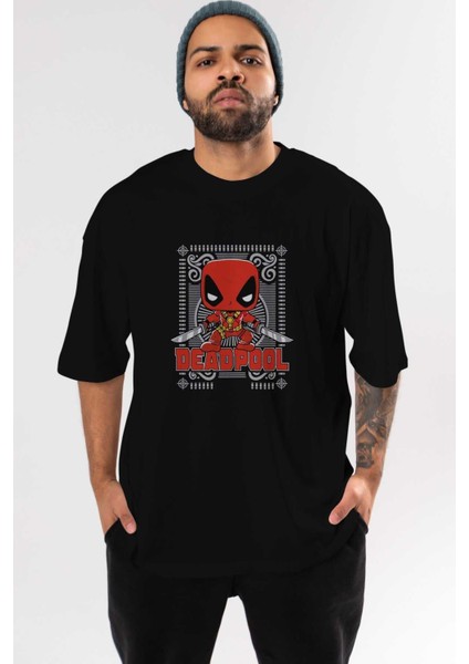 Deadpool (17) Ön Baskılı Siyah Oversize T-Shirt Bisiklet Yaka Erkek Kadın