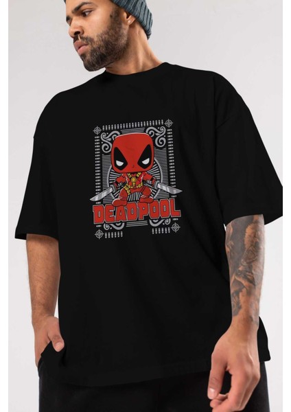 Deadpool (17) Ön Baskılı Siyah Oversize T-Shirt Bisiklet Yaka Erkek Kadın modelleri