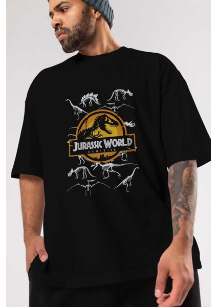 Jurassic Park (5) Ön Baskılı Siyah Oversize T-Shirt Bisiklet Yaka Erkek Kadın modelleri