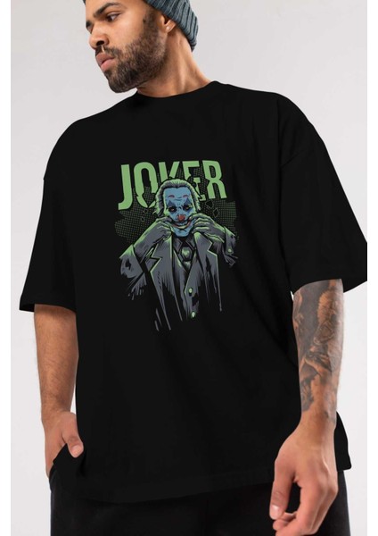 Joker (9) Ön Baskılı Siyah Oversize T-Shirt Bisiklet Yaka Erkek Kadın modelleri