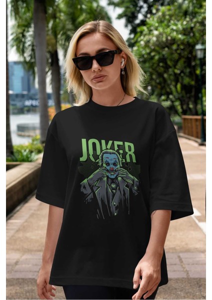 Joker (9) Ön Baskılı Siyah Oversize T-Shirt Bisiklet Yaka Erkek Kadın indirimleri