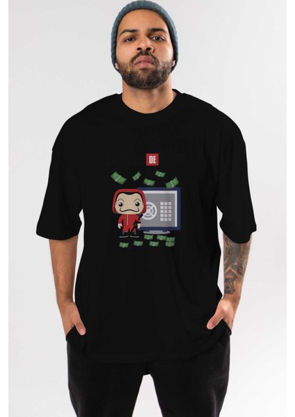 La Casa De Papel (4) Ön Baskılı Siyah Oversize T-Shirt Bisiklet Yaka Erkek Kadın