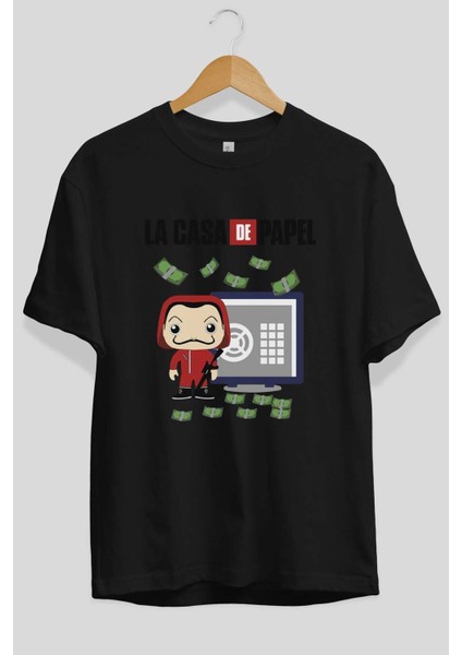 La Casa De Papel (4) Ön Baskılı Siyah Oversize T-Shirt Bisiklet Yaka Erkek Kadın