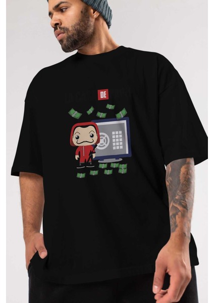 La Casa De Papel (4) Ön Baskılı Siyah Oversize T-Shirt Bisiklet Yaka Erkek Kadın