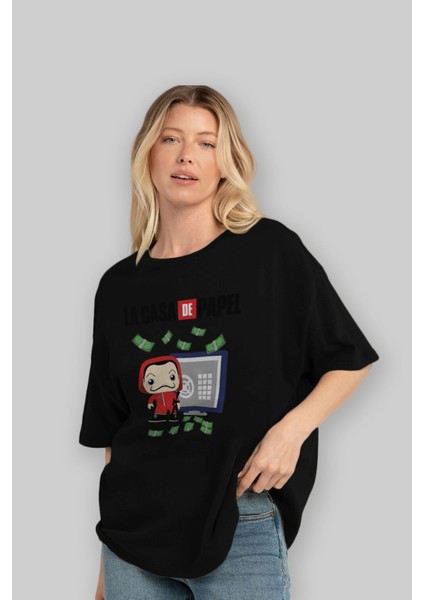 La Casa De Papel (4) Ön Baskılı Siyah Oversize T-Shirt Bisiklet Yaka Erkek Kadın