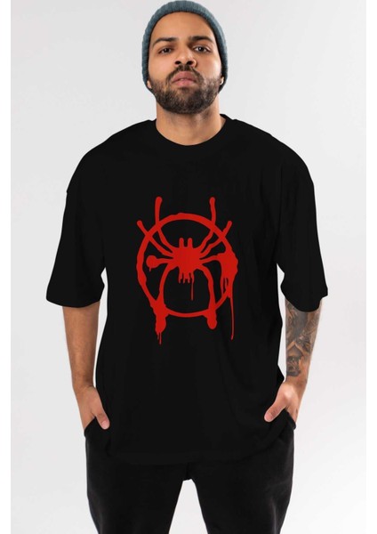Spiderman (32) Ön Baskılı Siyah Oversize T-Shirt Bisiklet Yaka Erkek Kadın