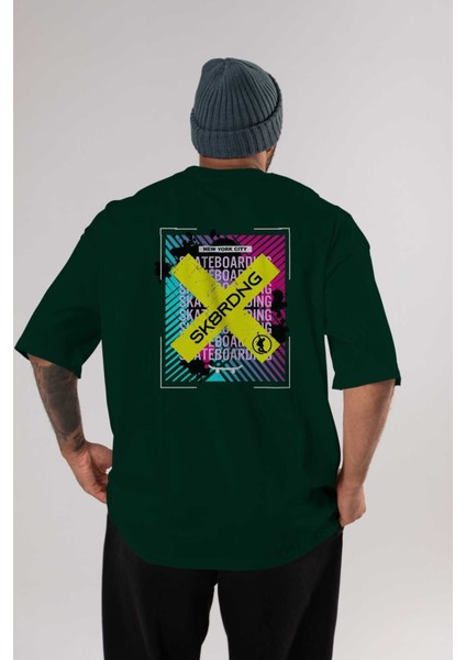 Skatebording Arka Baskılı Zümrüt Yeşili Oversize T-Shirt Erkek Kadın Bisiklet Yaka