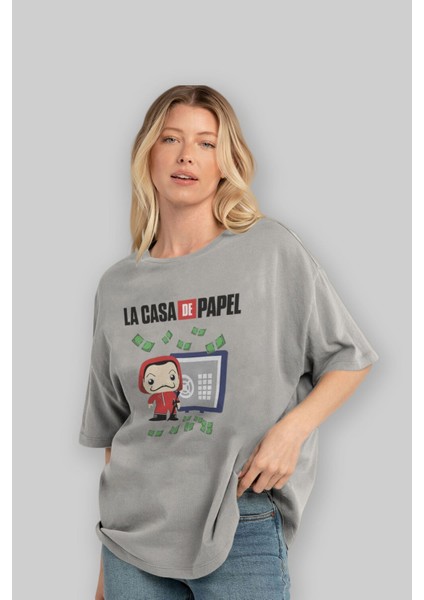 La Casa De Papel (4) Ön Baskılı Gri Oversize T-Shirt Bisiklet Yaka Pamuk Erkek Kadın fırsatları