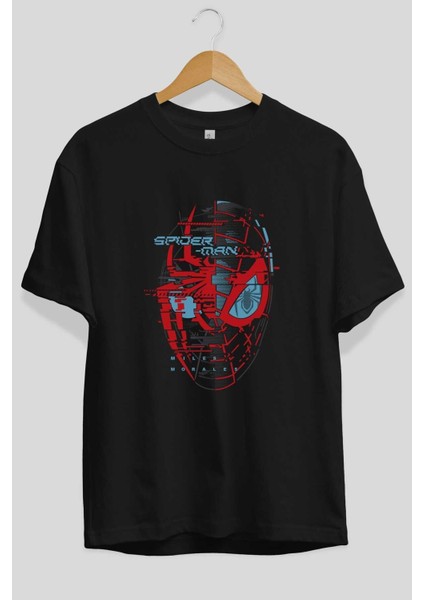 Spiderman (21) Ön Baskılı Siyah Oversize T-Shirt Bisiklet Yaka Erkek Kadın