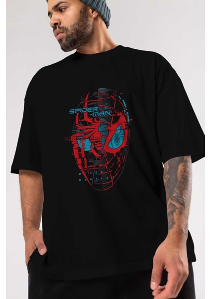 Spiderman (21) Ön Baskılı Siyah Oversize T-Shirt Bisiklet Yaka Erkek Kadın