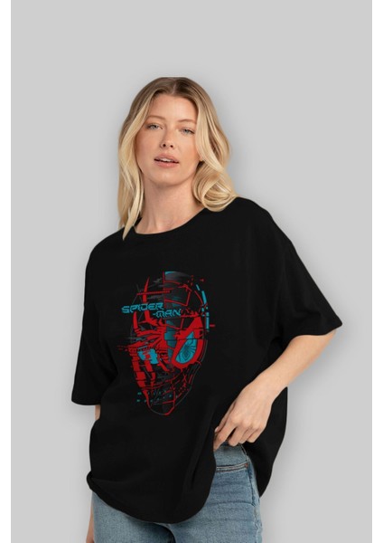 Spiderman (21) Ön Baskılı Siyah Oversize T-Shirt Bisiklet Yaka Erkek Kadın