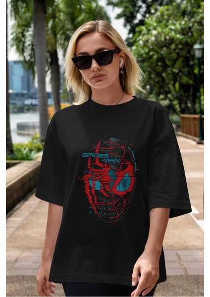 Spiderman (21) Ön Baskılı Siyah Oversize T-Shirt Bisiklet Yaka Erkek Kadın
