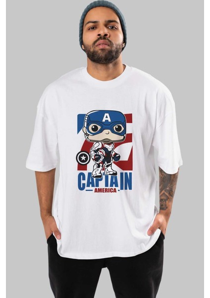Captain America Ön Baskılı Beyaz Oversize T-Shirt Bisiklet Yaka Erkek Kadın