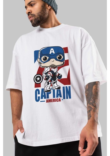 Captain America Ön Baskılı Beyaz Oversize T-Shirt Bisiklet Yaka Erkek Kadın modelleri